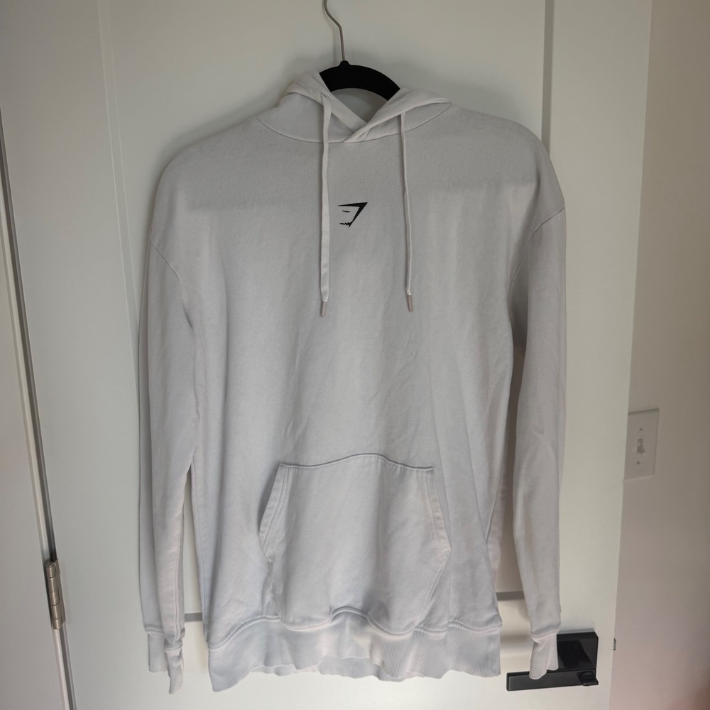 Gymshark Womens White Pullover Hoodie Shark Head Logo GLPO4431-WH Size S